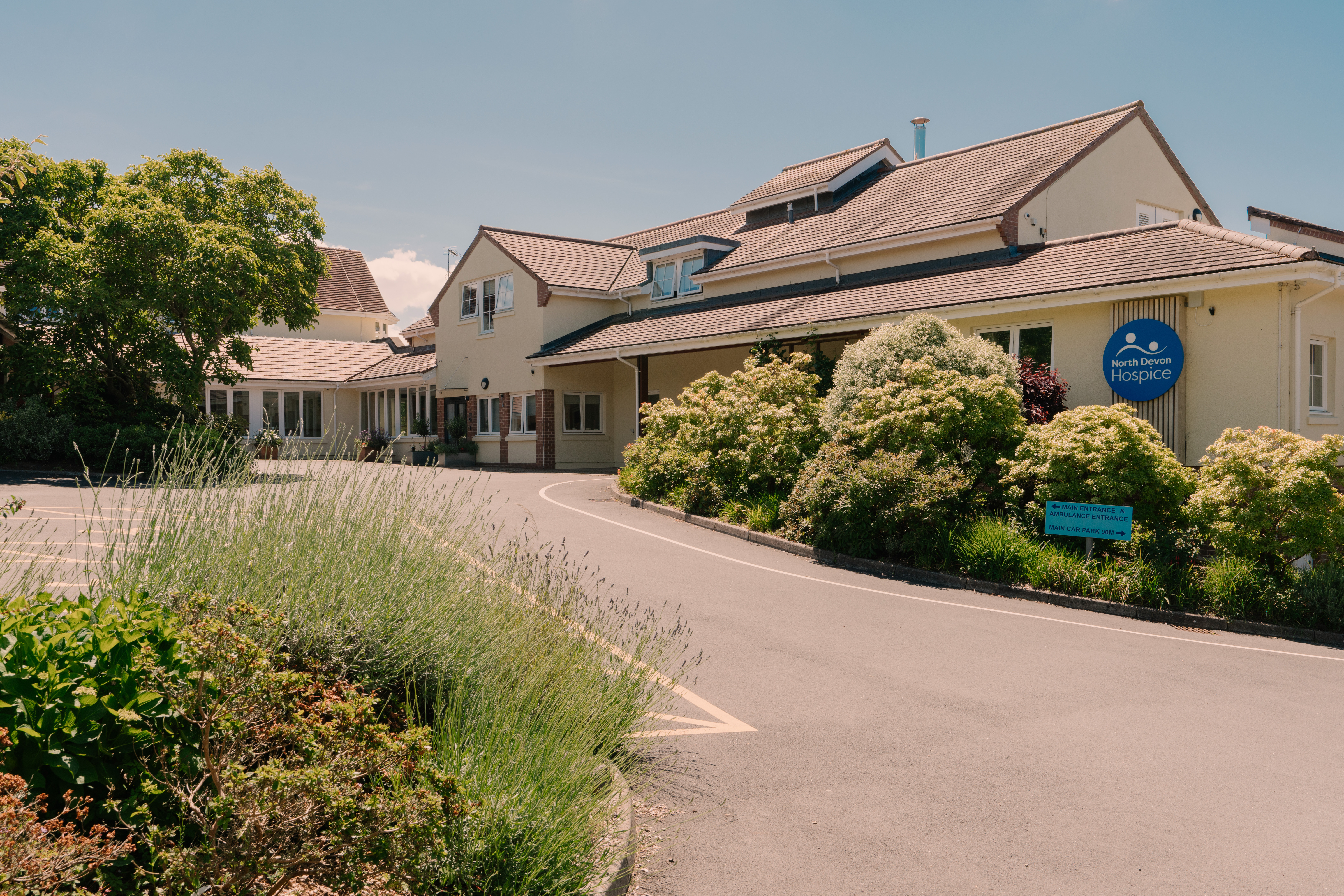 Outside the front of the North Devon Hospice building, in the sunshine with plants in the foreground