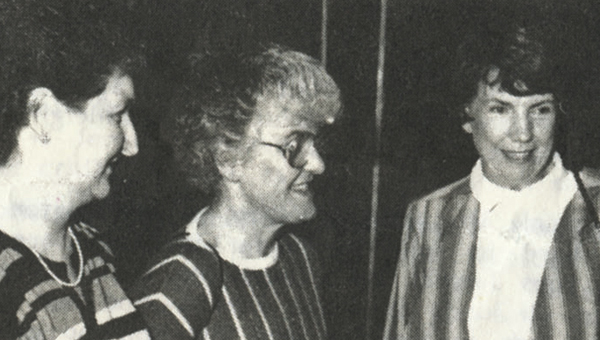 Black and white photo of founder of North Devon Hospice with 2 colleagues 