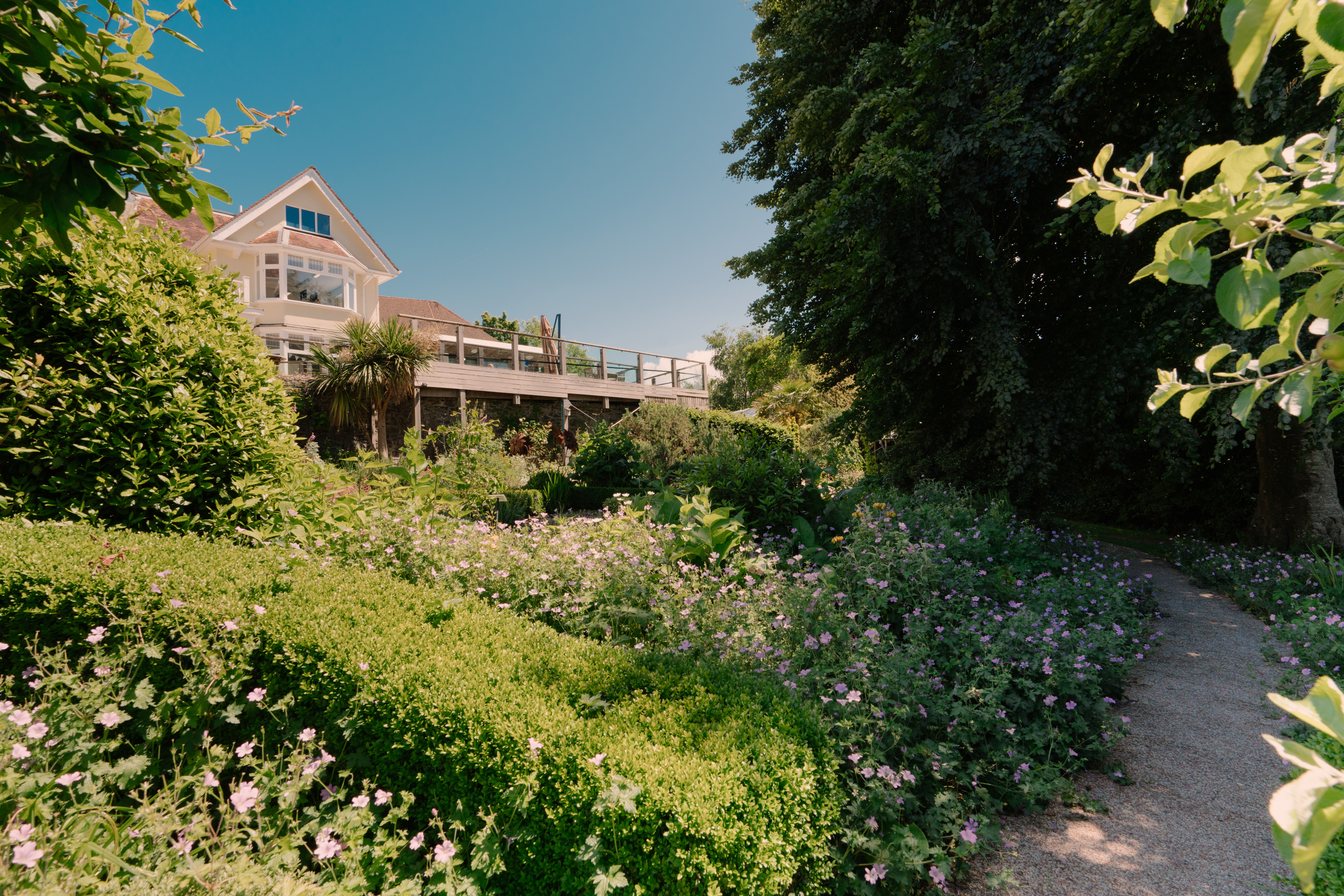 Outside the rear of the North Devon Hospice building, in the sunshine with manicured grounds in the foreground